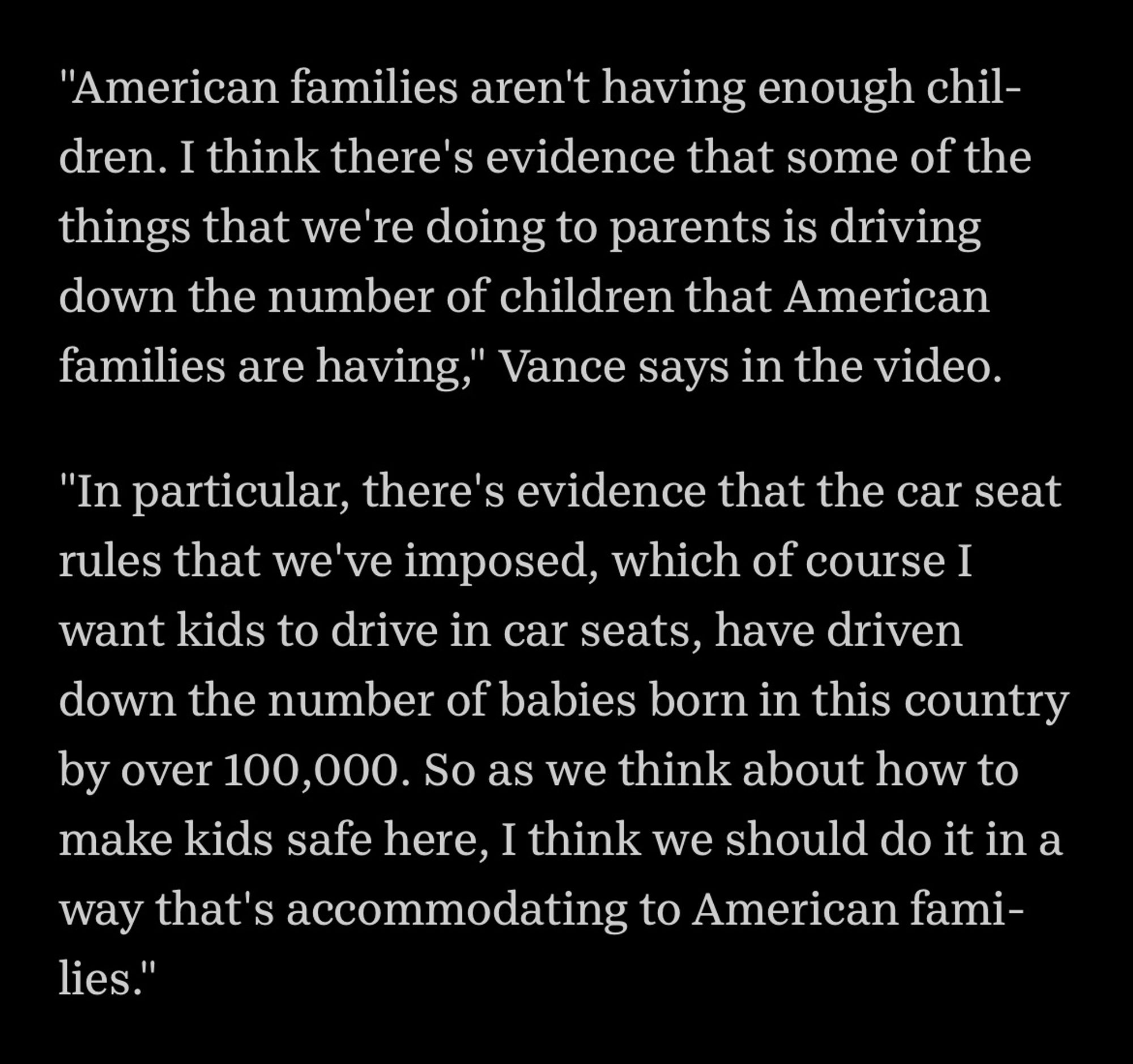 JD Vance says car seat rules have prevented 100,000 births.