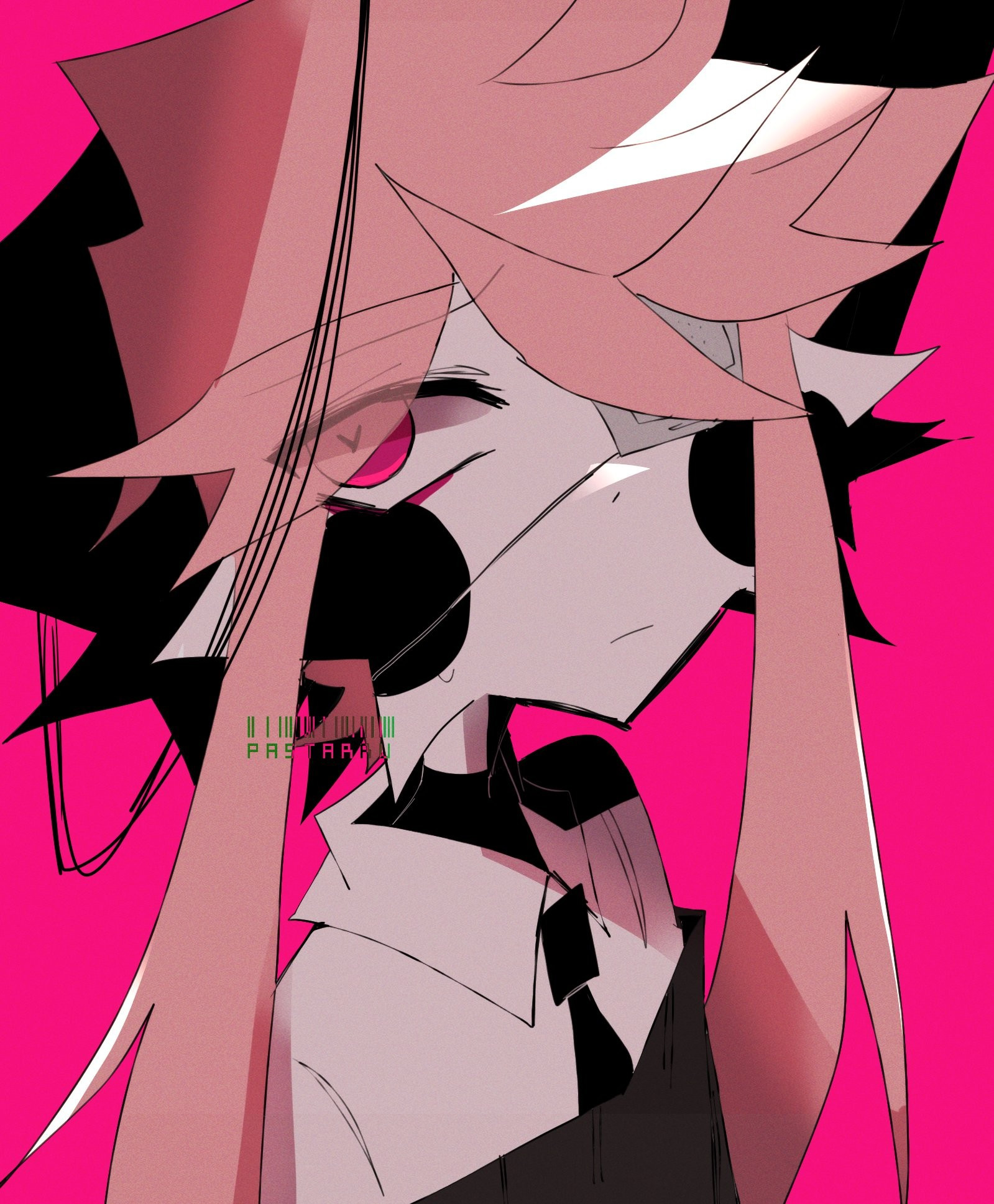 a drawing of a furry with pink hair against a bright pink background 
