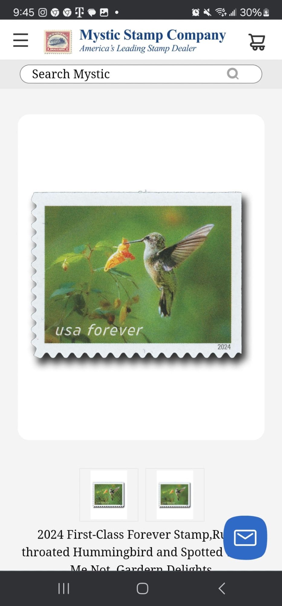 Us postage stamp with a picture of a hummingbird about to drink from a Jewel weed flower