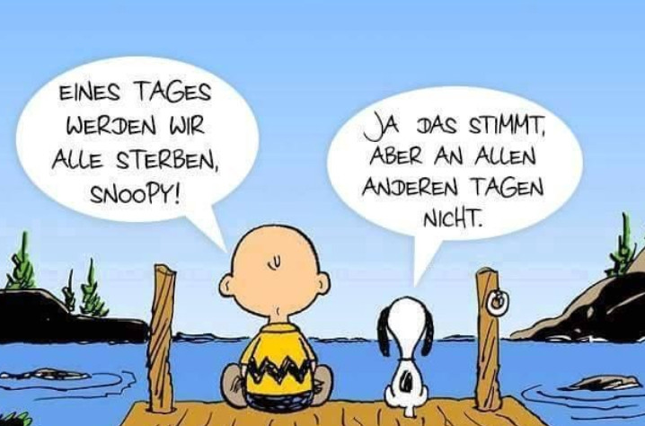 Charlie Brown sagt: "Eines Tages werden wir alle sterben, Snoopy!"
Und Snoopy antwortet: "Ja, das stimmt, aber an allen anderen Tagen nicht."