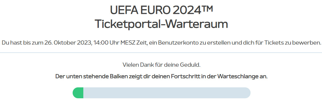 Screenshots aus dem Online-Warteraum des UEFA EURO 2024 Ticketportals. Der Balken zeigt meinen Fortschritt in der Warteschlange an. Er steht bei nicht mal 10%...