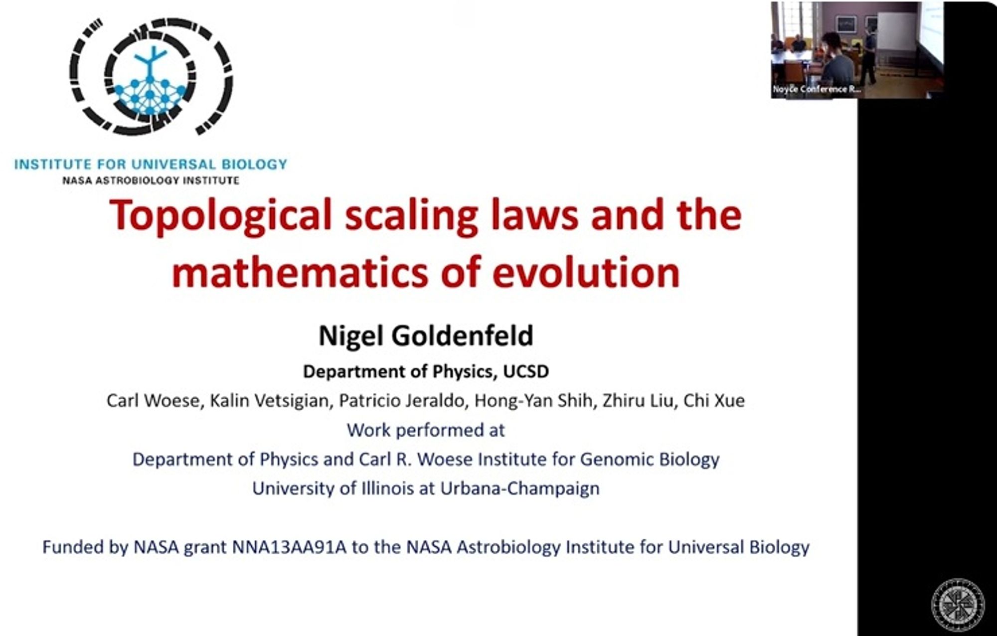 The first slide of the presentation on the topological scaling laws in evolution.