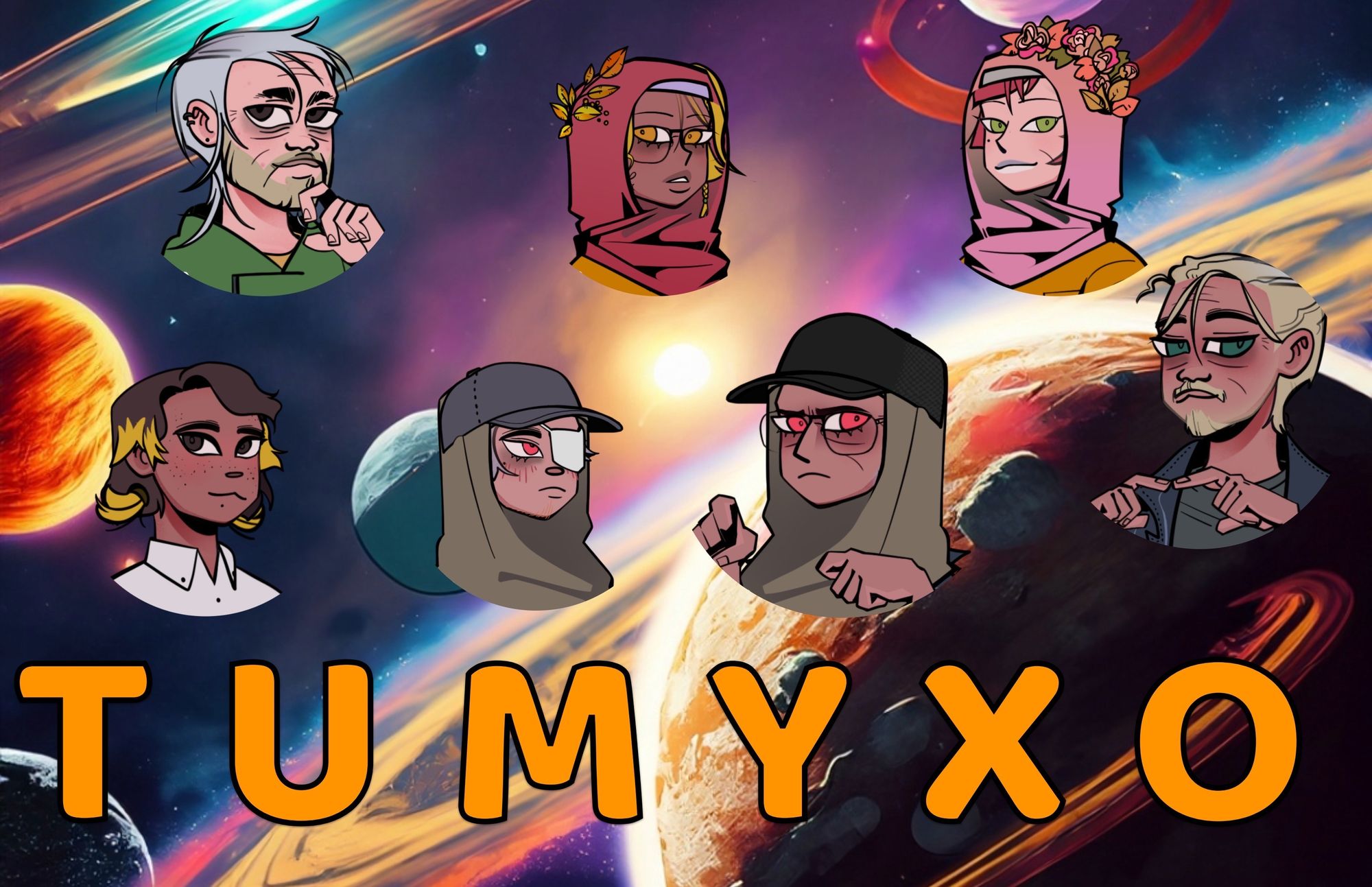 Portraits des personnages de Tumyxo, sur fond de galaxie.