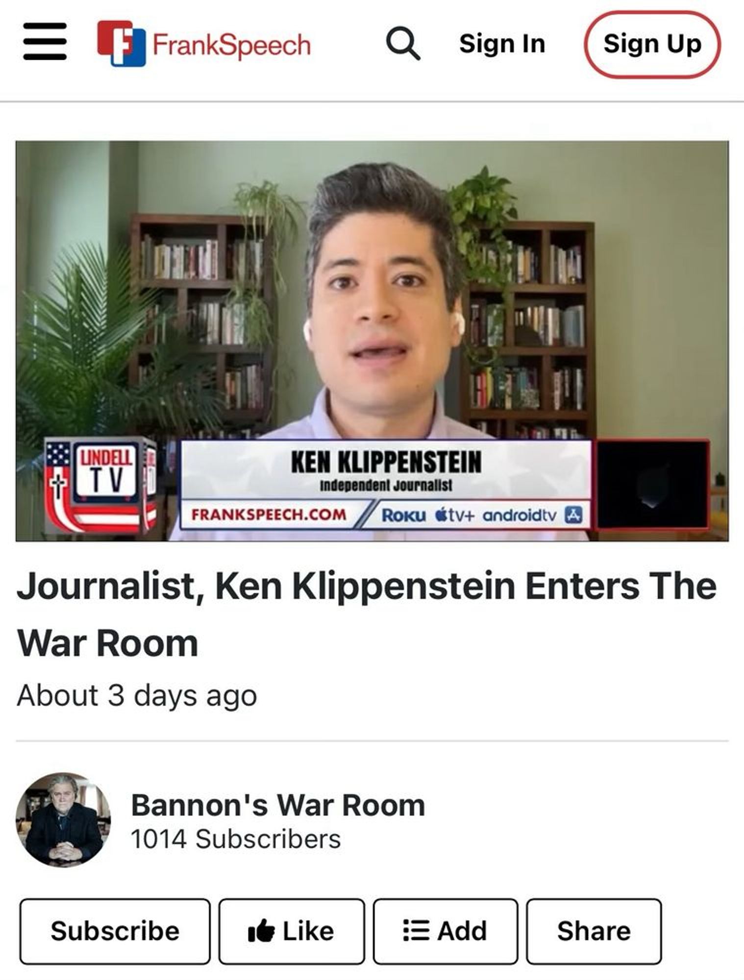 screenshot of "Journalist, Ken Klippenstein Enters The War Room" from Bannon's War Room on Lindell TV, hosted on Mike Lindell's social media platform Frank Speech