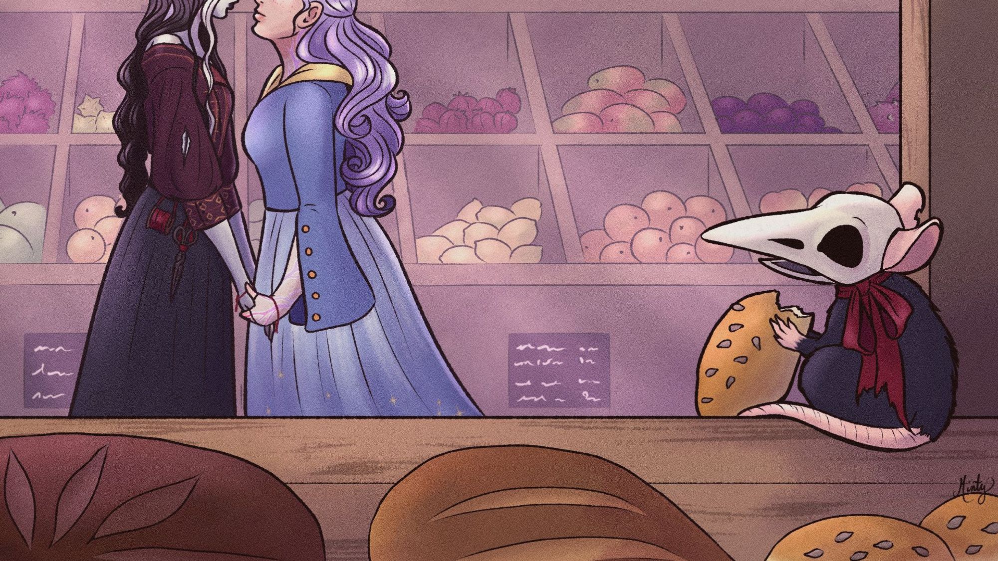 Scene from Critical Role c3 episode 65. In the foreground Pâté is sitting on a bread stall in an open air market, grinning with his skull head and holding a sunflower seed bun with a bite taken out of it. In the background Laudna and Imogen, holding hands, are leaning in to kiss each other.