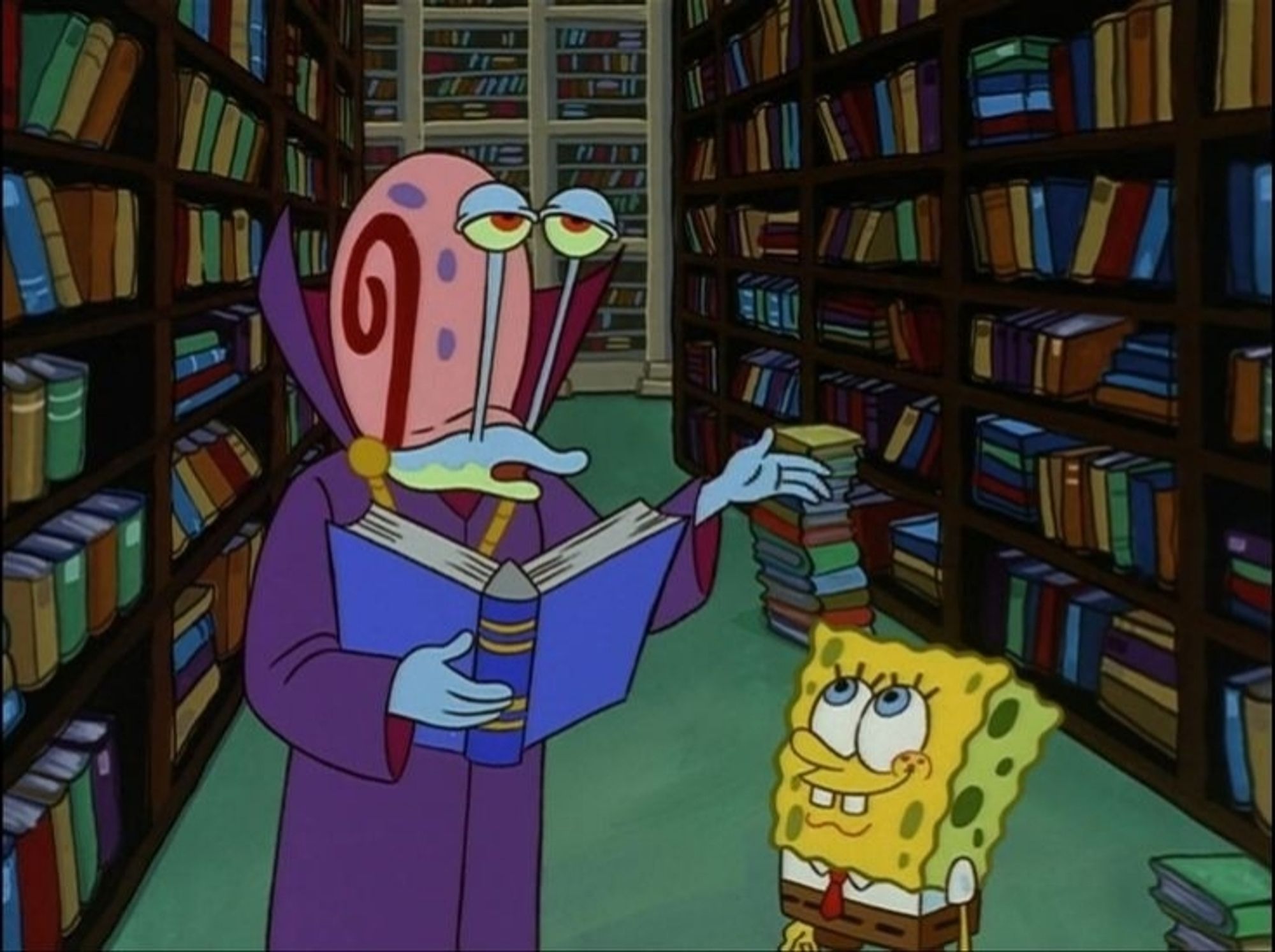 Gary als belesene person in spongebobs träumen in einer bibliothek wie er spongebob das gedicht vorliest