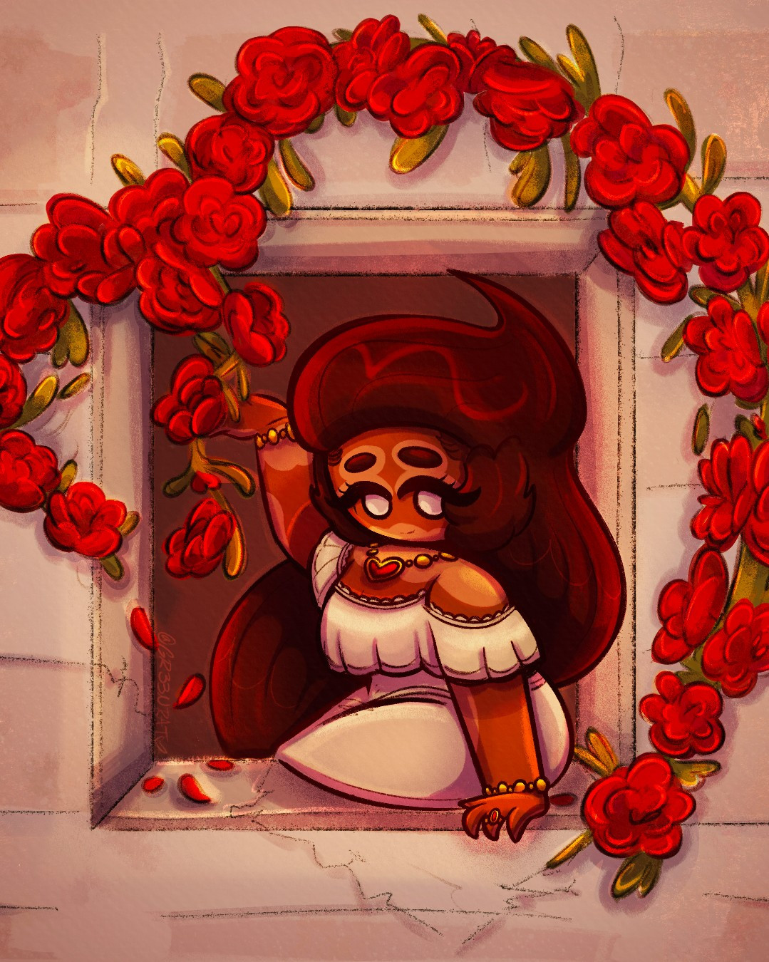 Tiffin Cookie, an OC of mine, sitting on an aged marble building's window with ree flower vines made to capture the heart composition