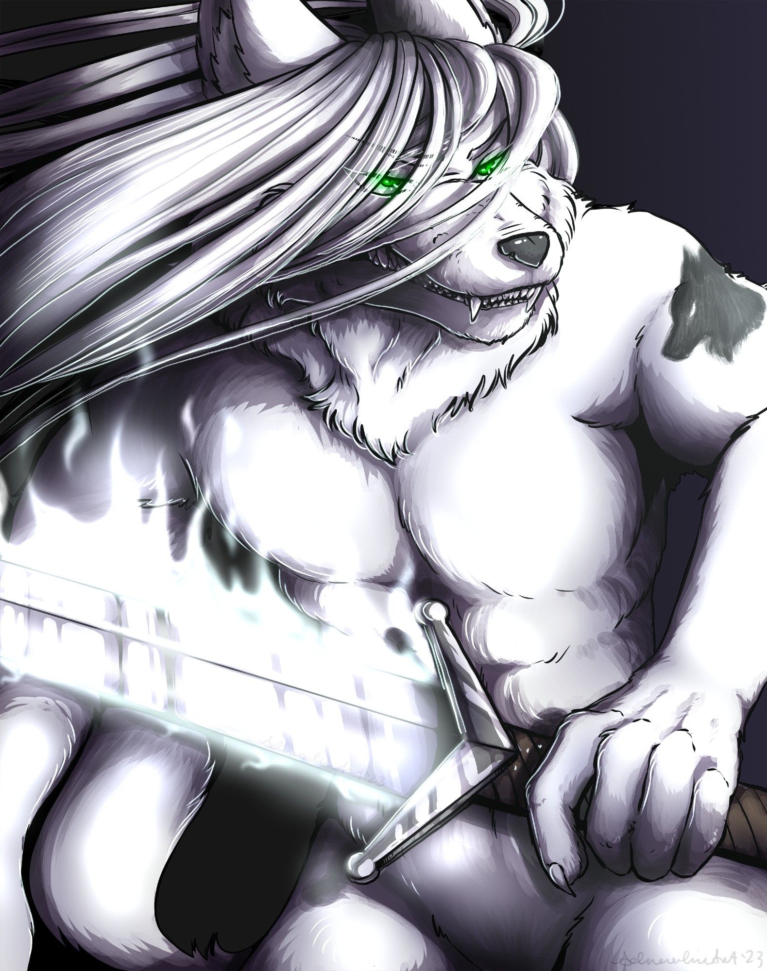 An anthropomorphic white wolf man with flowing long white hair weilding a longsword with white flames along the blade. He looks intensely to the right past his sword-weilding hand with glowing green eyes.