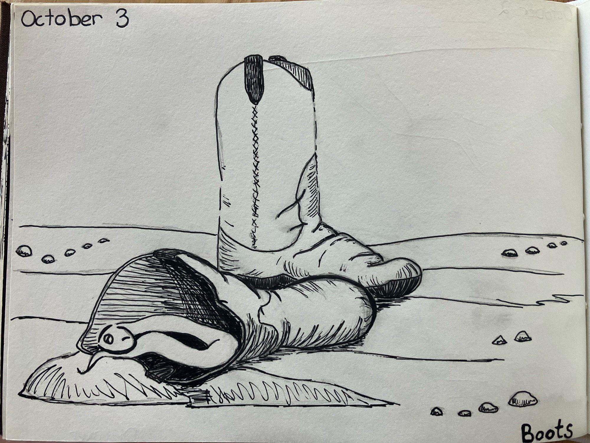 A cowboy boot stands next to one that has fallen down. The opening fell onto a warm rock. A cute little snake has crawled into the warm boot for a nap.