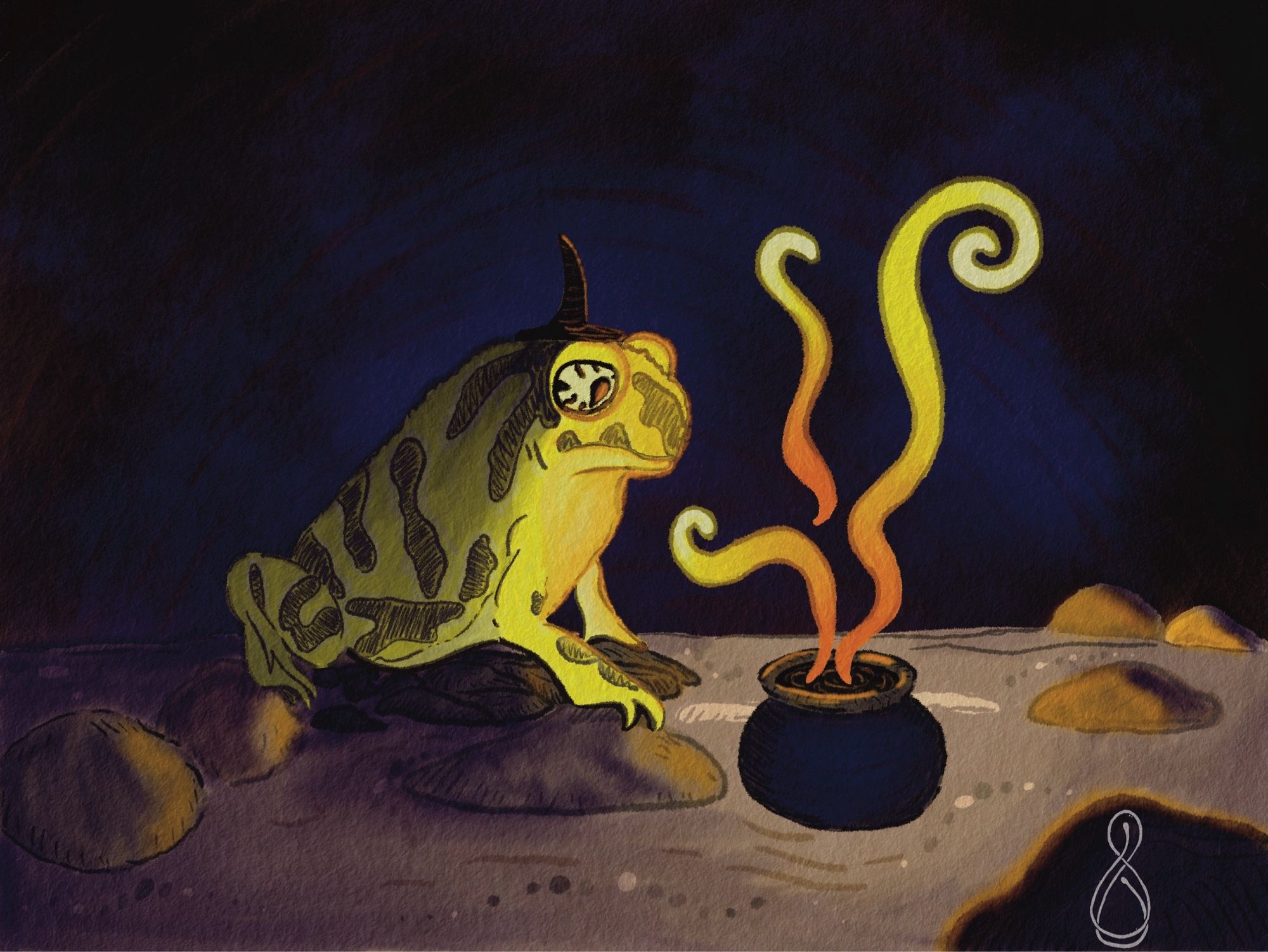 A toad sits in his cave in front of a cauldron with flames coming out the top.