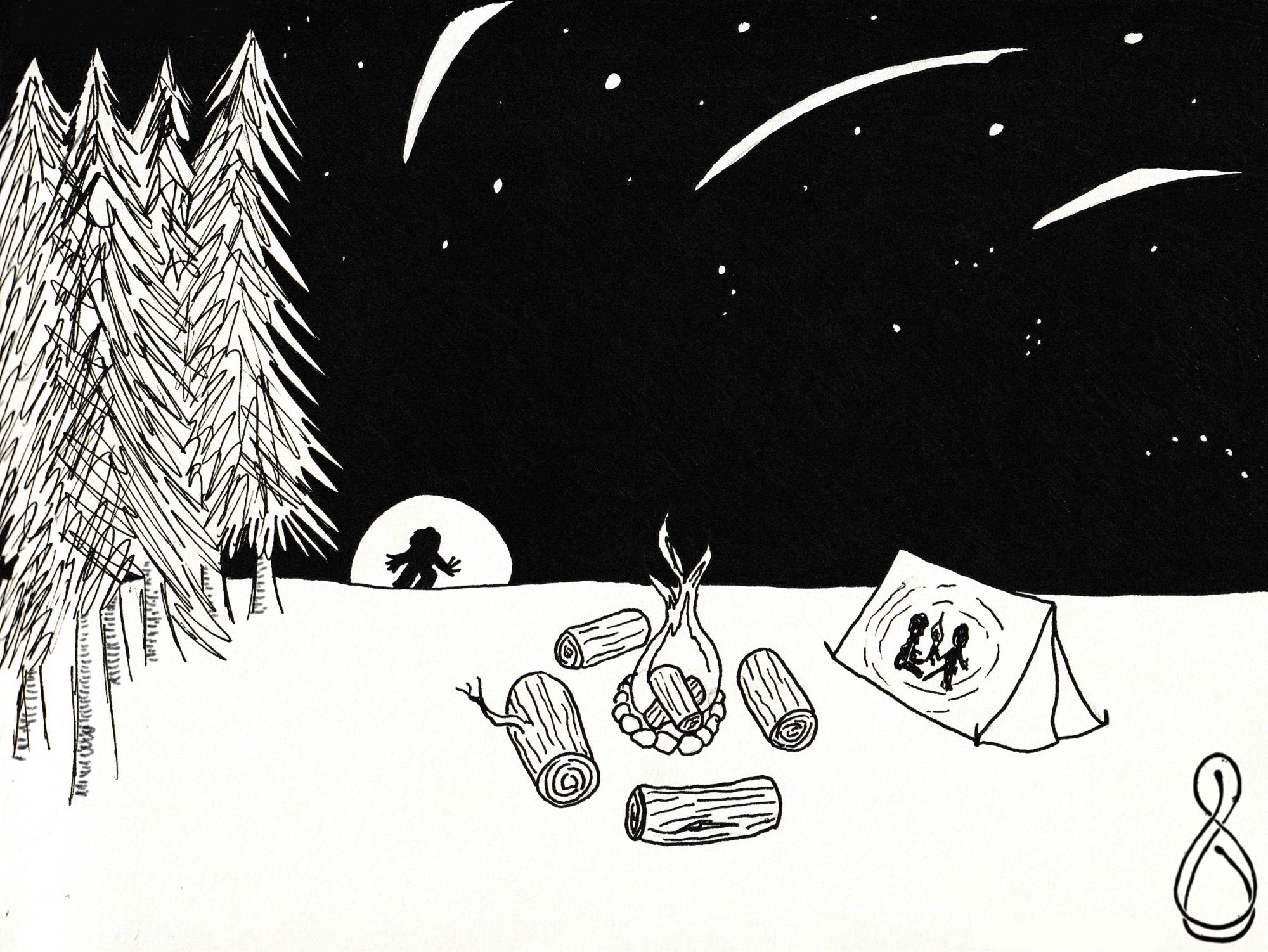 Campers in a tent, a roaring fire goes outside. A Sasquatch is silhouetted against the moon.