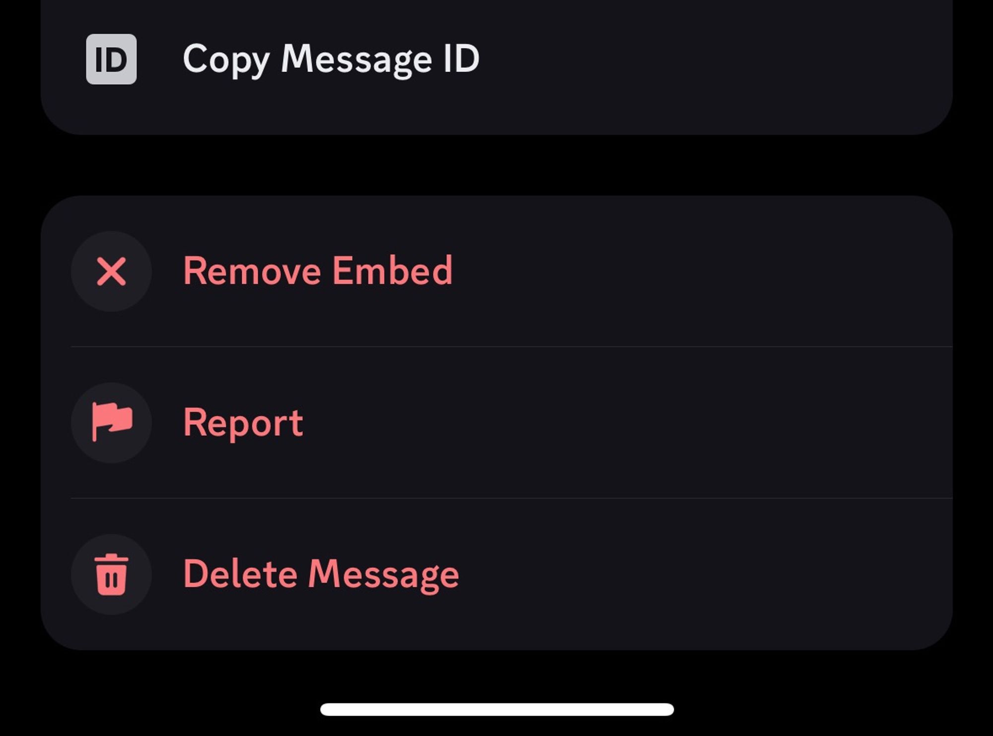 Discord's mobile message menu, with a new "Remove Embed" button below "Copy Message ID" and above "Report" and "Delete Message"