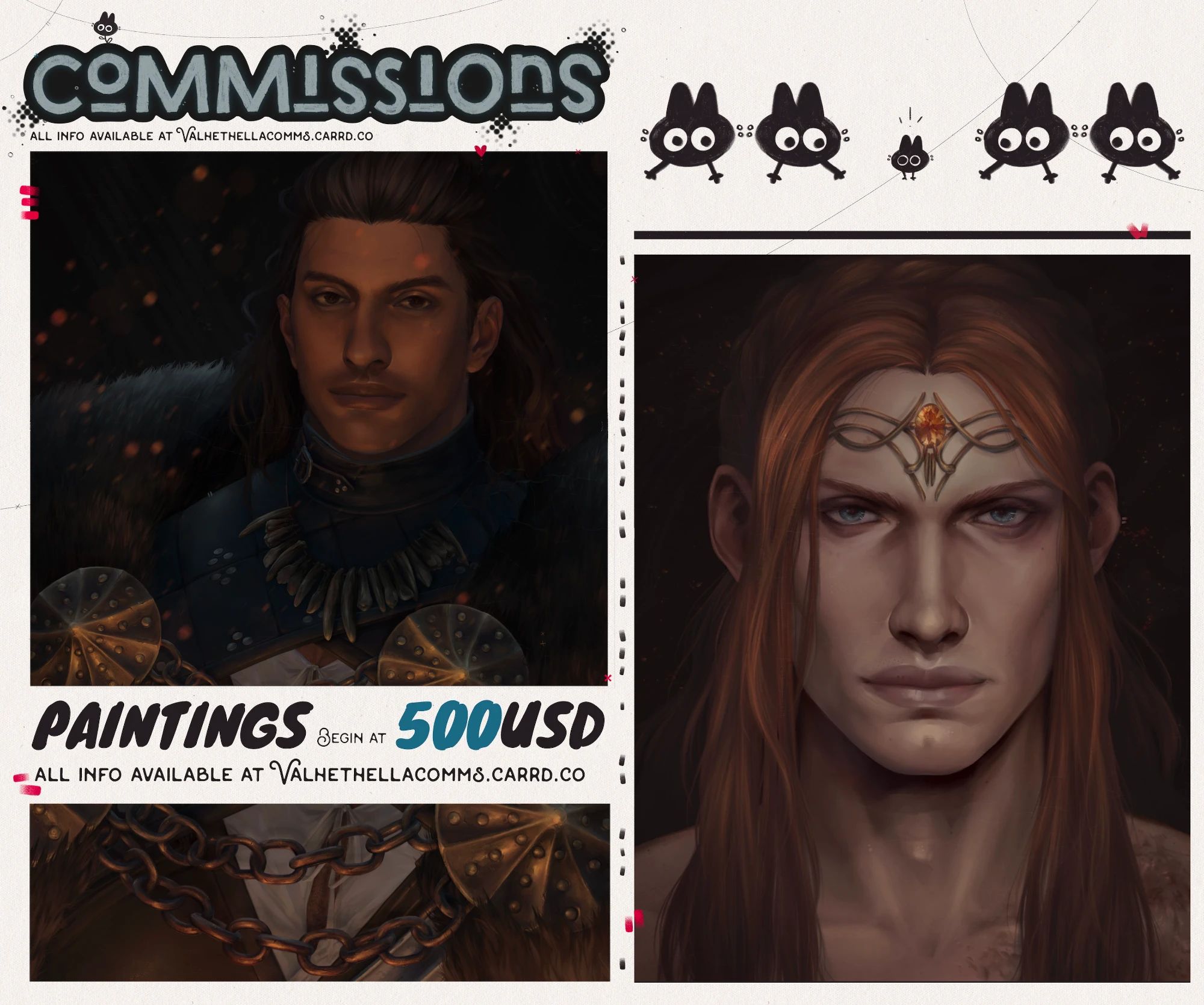 A commission information sheet, arranged with collages of artwork and pricing. The text of the image reads, "Commissions. All info available at Valhethellacomms.carrd.co. Paintings begin at 500 USD All info available at Valhethellacomms.carrd.co" End text.