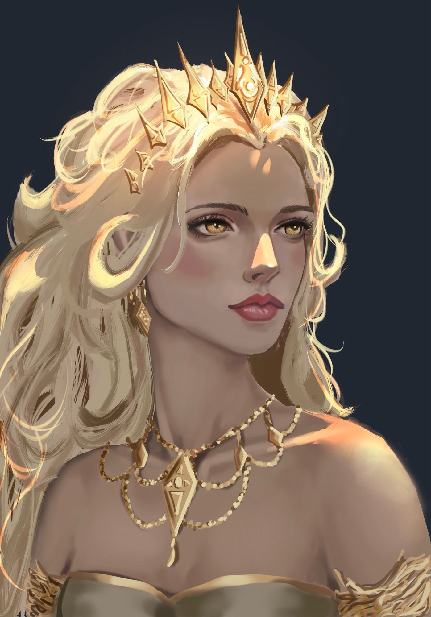 Beautiful woman with golden crown and necklace. Her name is Cyra.