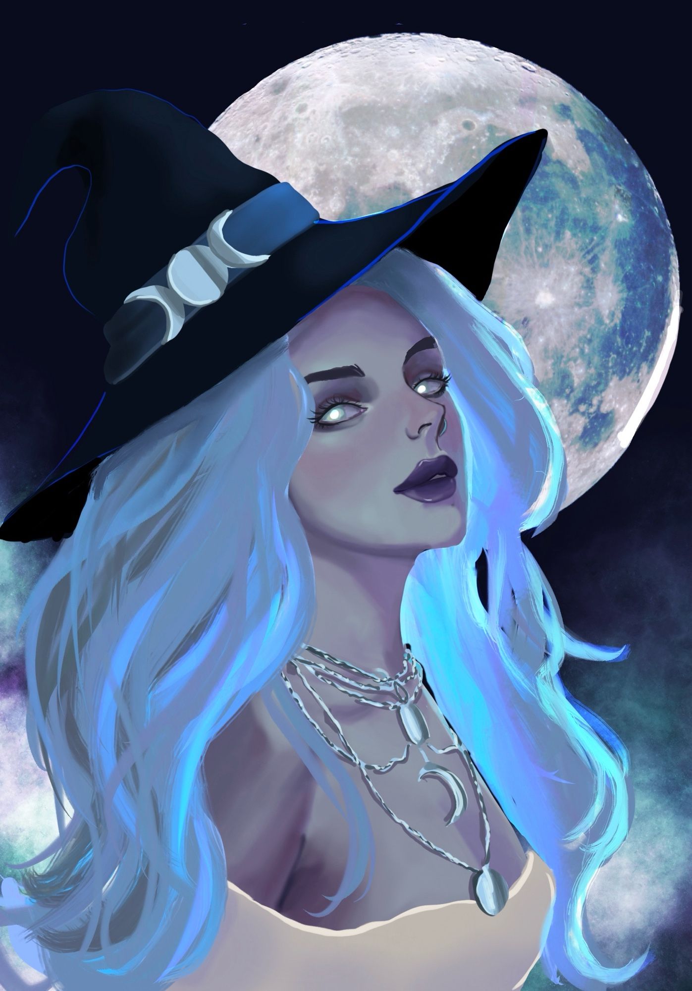 Female witch under the moon. She has glowing blue white hair and eyes.