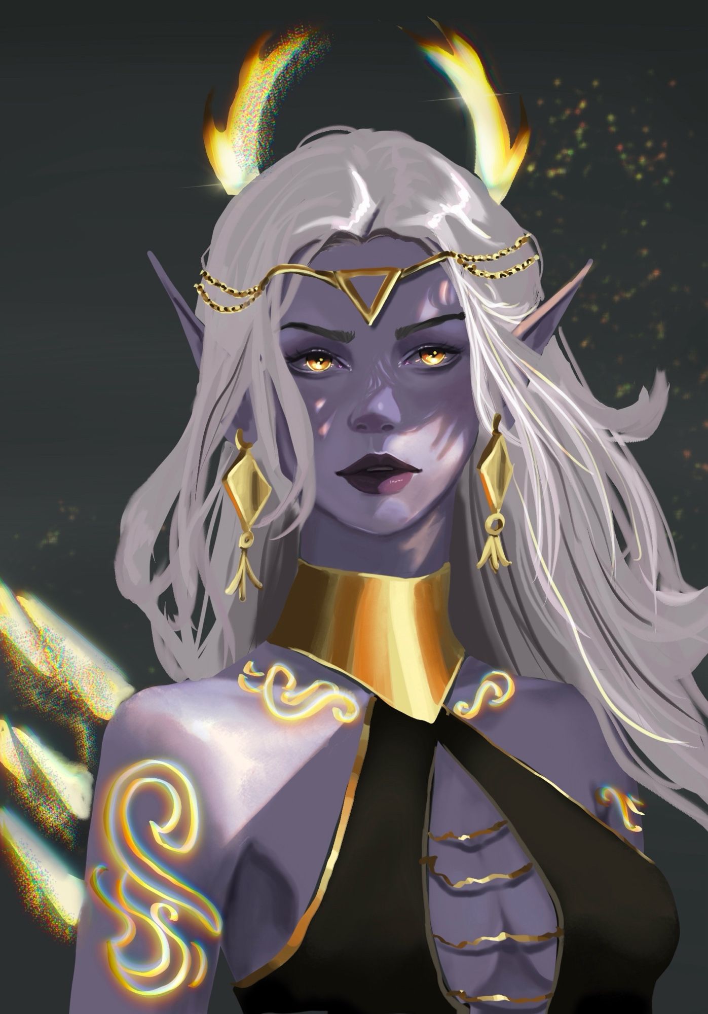 Elven woman with purple skin and glowing gold halo horns and wings. Swirls of gold are on her skin.