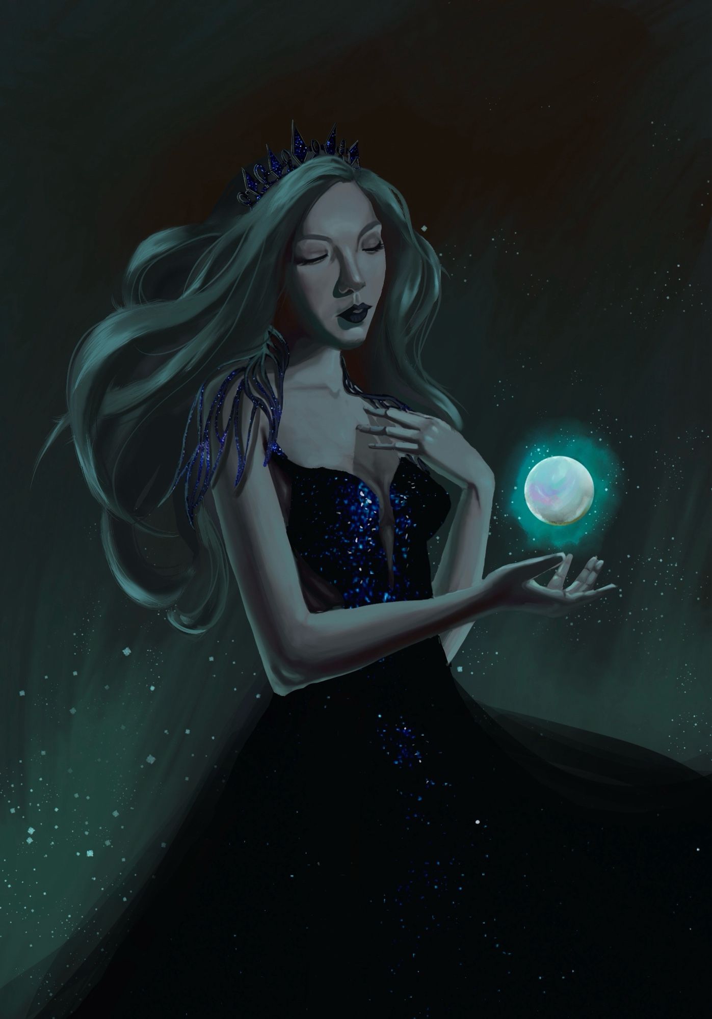 Beautiful woman holding orb of light. She has a glimmering black dress on.