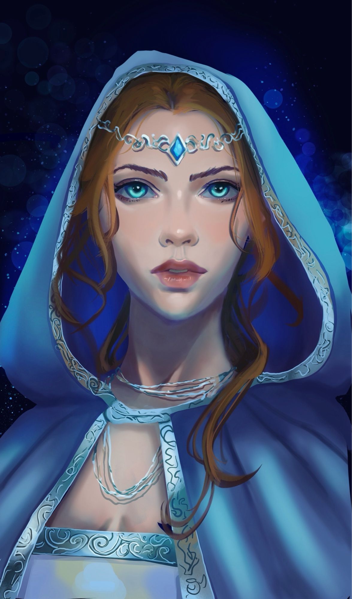 Gwyn from a Court of Silver Flames. She wears a blue hood and has bright blue eyes.