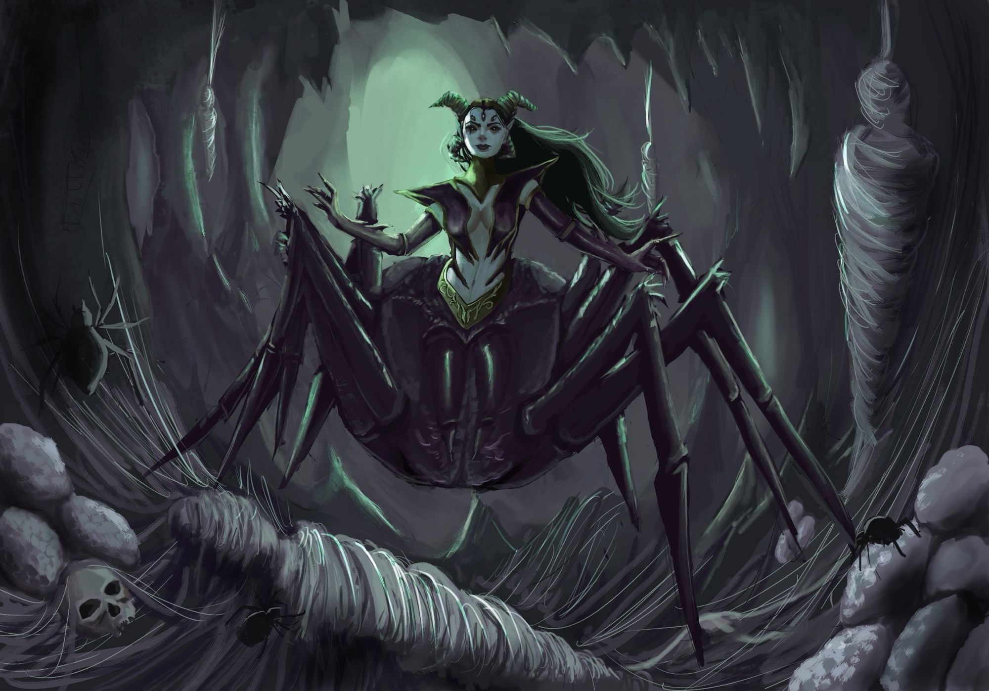 Female drider in a cave with her victims.