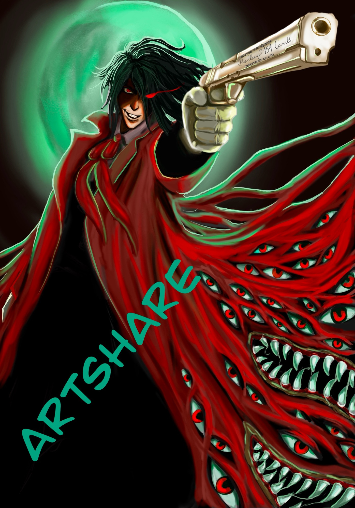 Alucard from Hellsing Ultimate pointing a gun at the viewer. 