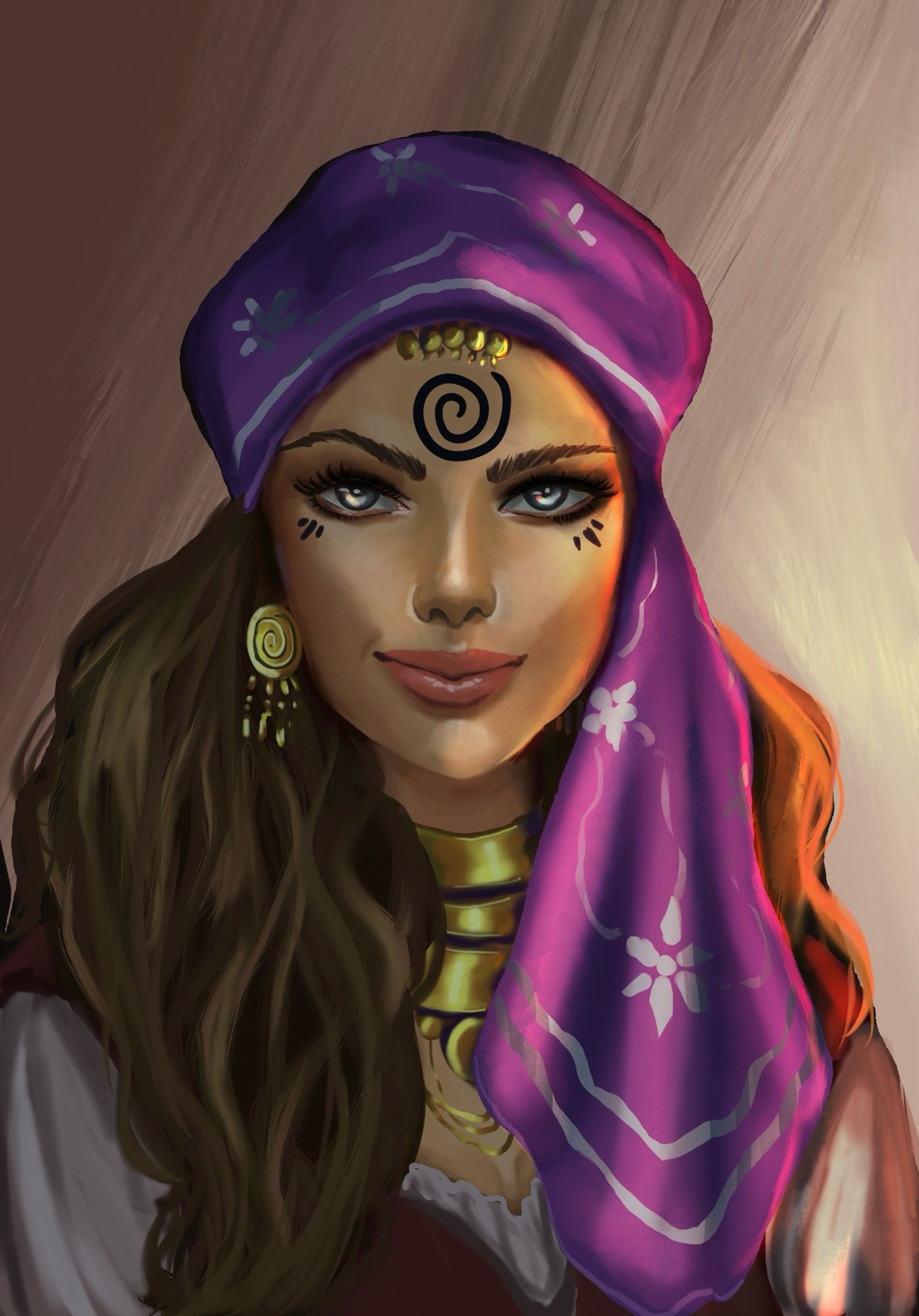 Beautiful Gypsy woman with purple scarf.