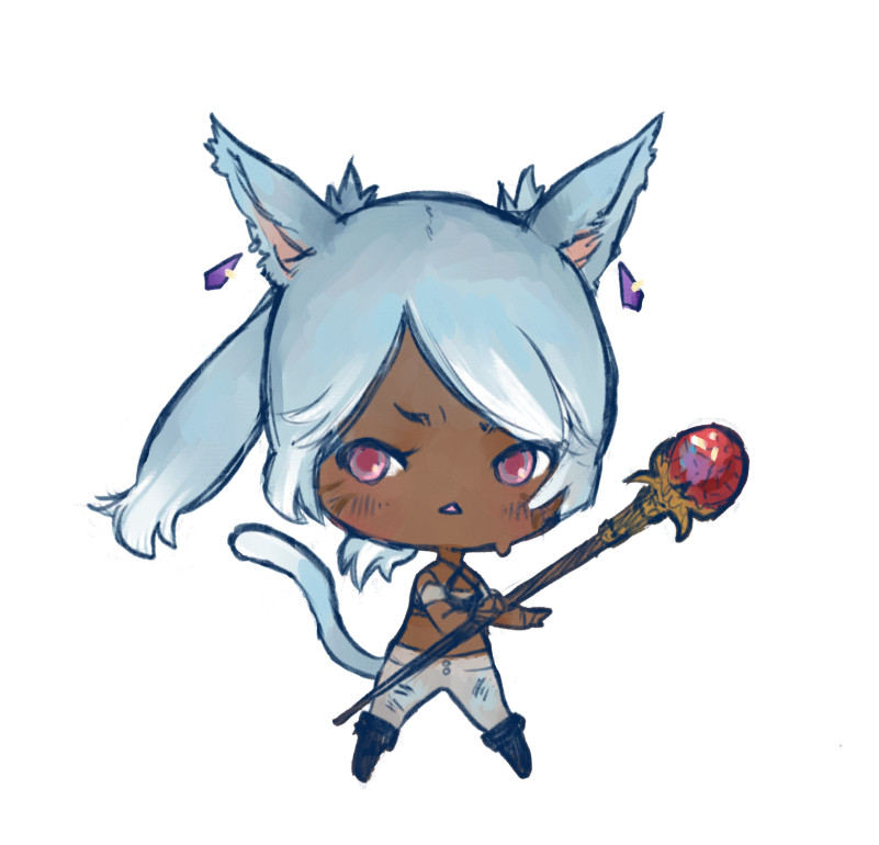 Chibi version of Khuja, with her big stick that throws sparkles (black magic)