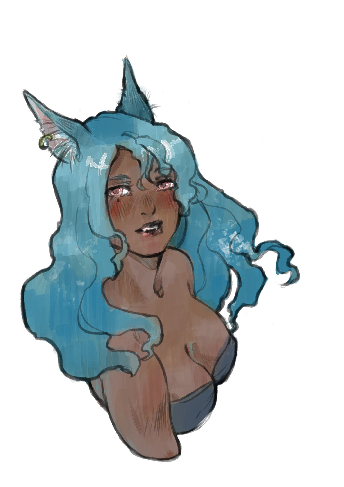 Old portrait of Khuja in my usual style (she  is my brown skin-pale blue hair and round pink eyes cat girl from FFXIV)