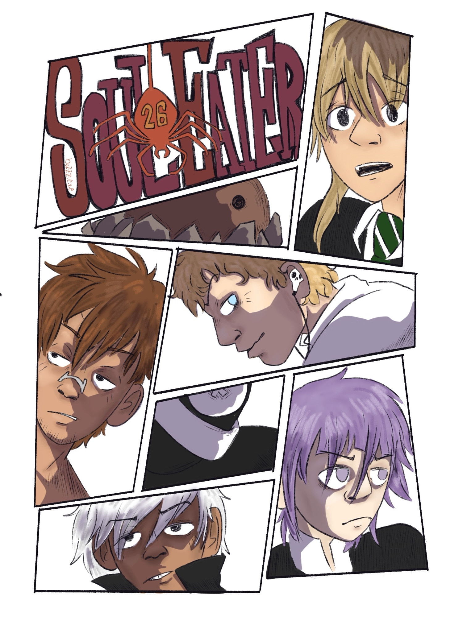 Stylized version of the Chapter cover for Chapter 26 of Soul Eater! Characters from top to bottom Maka Albarn, Justin Law, Griko, Ragnarok, Crona, and Soul Evans 