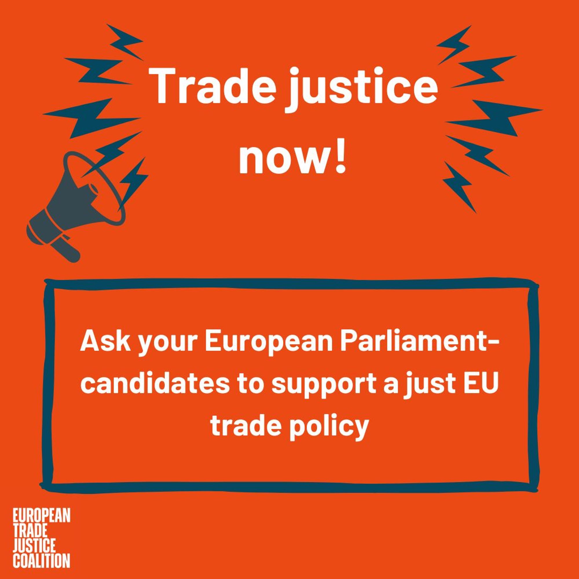 A graphic with an orange background with a megaphone that reads: "Trade justice now!
Ask your European Parliament candidates to support a just EU trade policy"