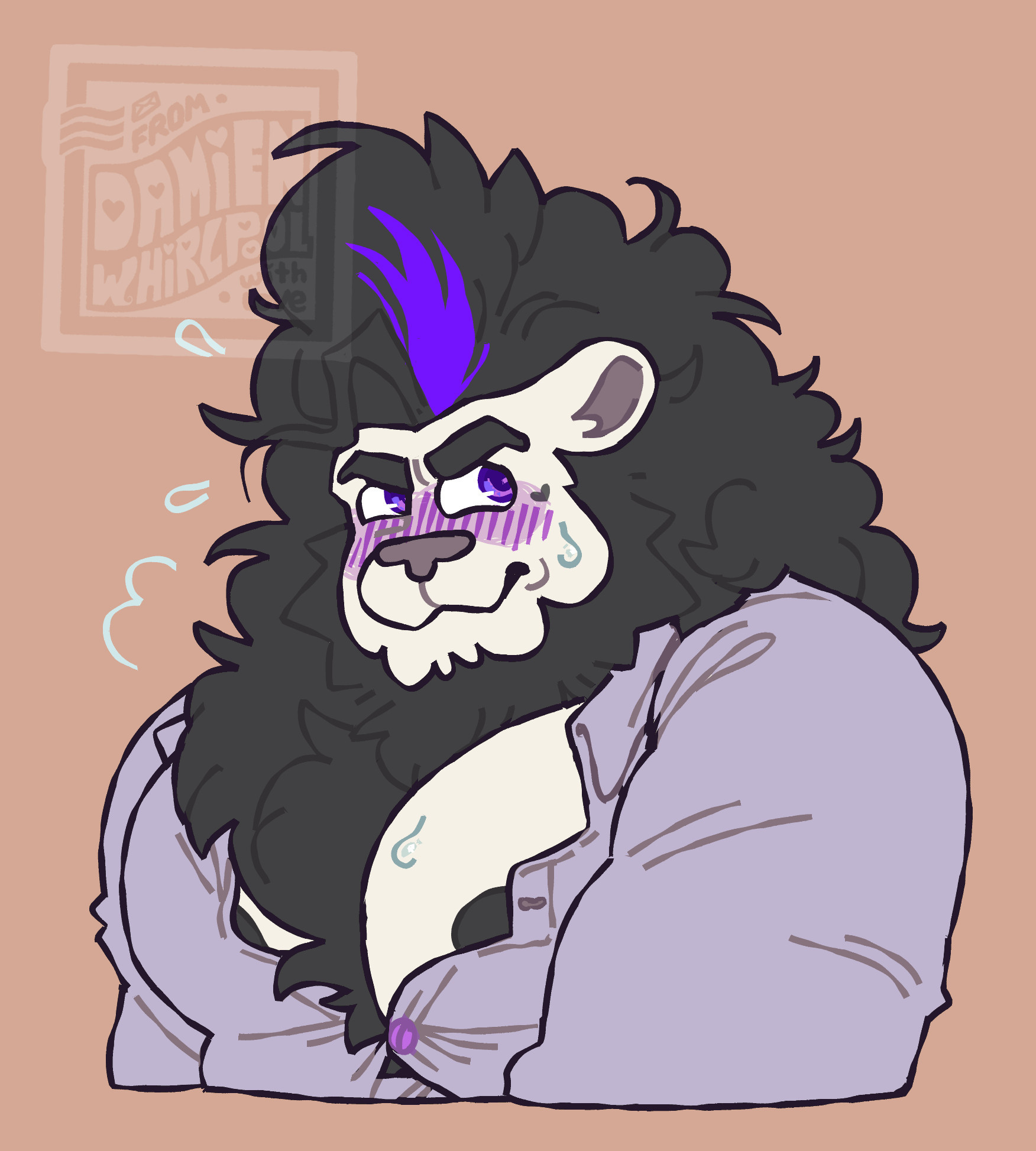 A drawing of StanRenart in a light purple shirt which is struggling to contain his massive cleavage. He's visibly flustered about it.