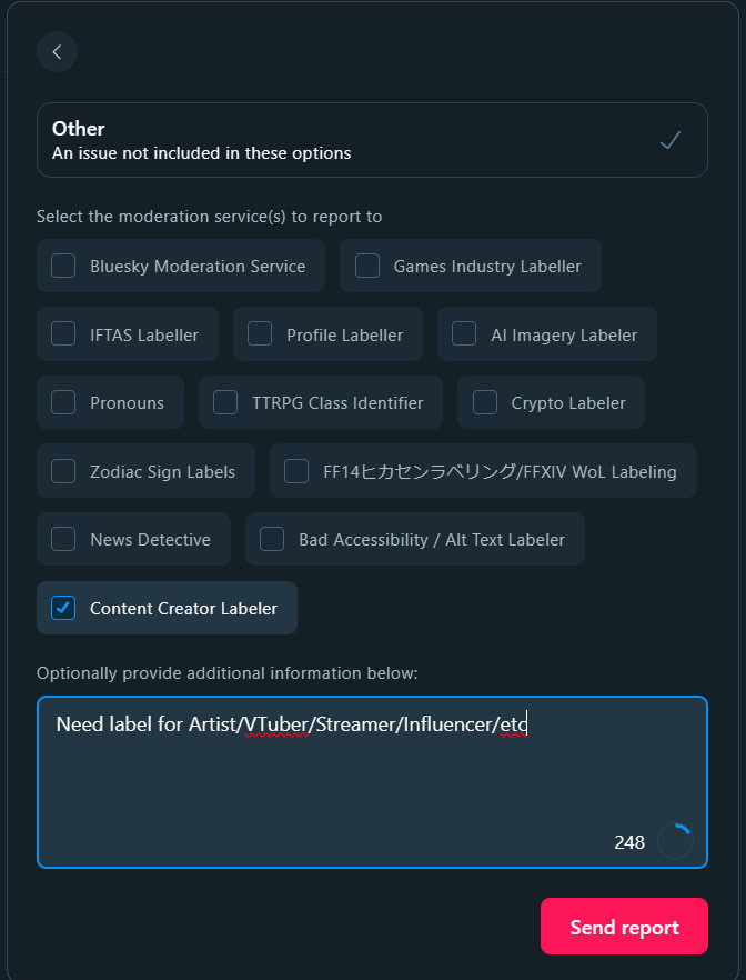 A screenshot using the report feature in the 'Other' category for reporting accounts to help the labeler label accounts.