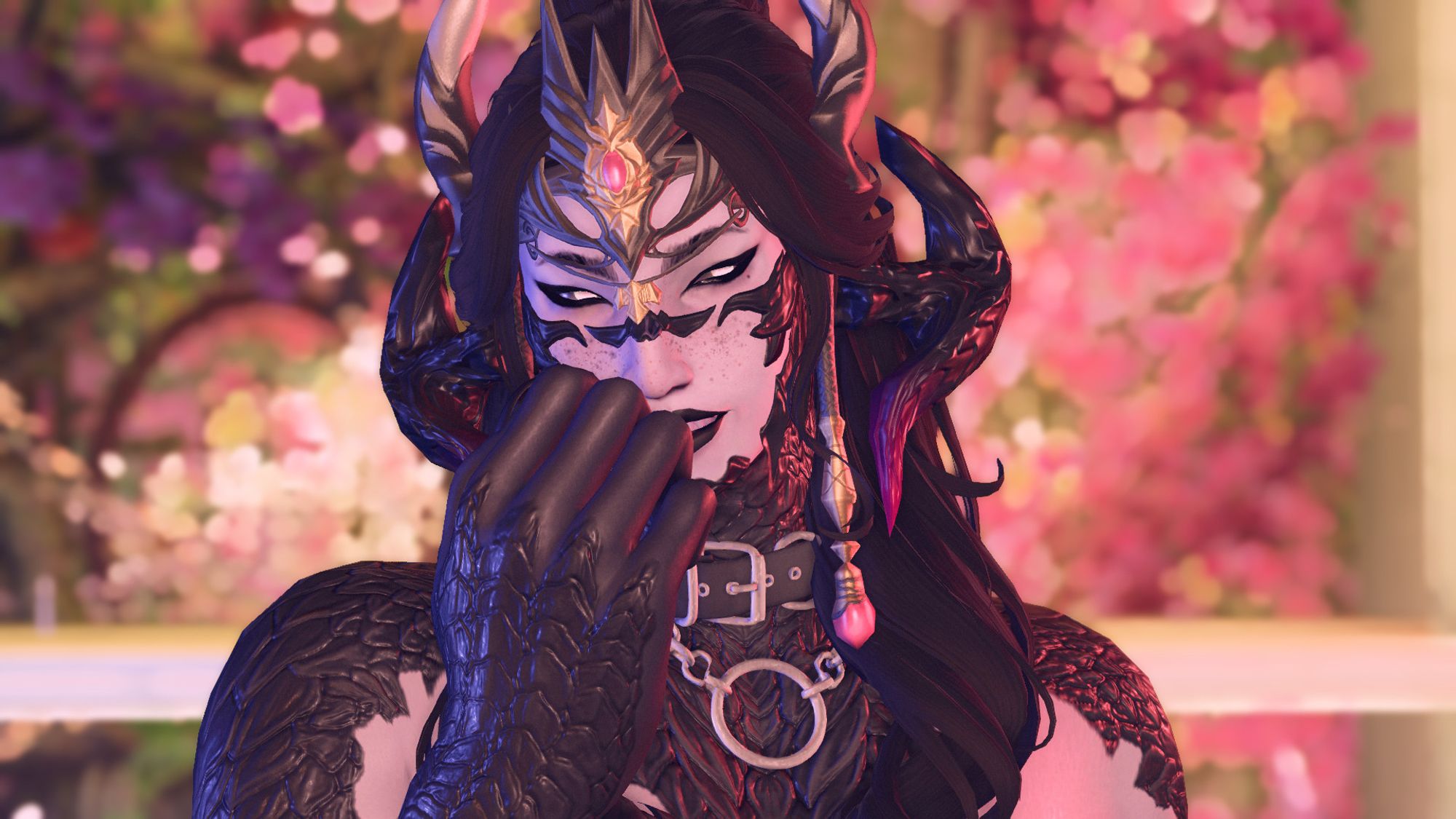 A GPOSE screenshot of an female Au Ra character, over a pink background with a happy expression