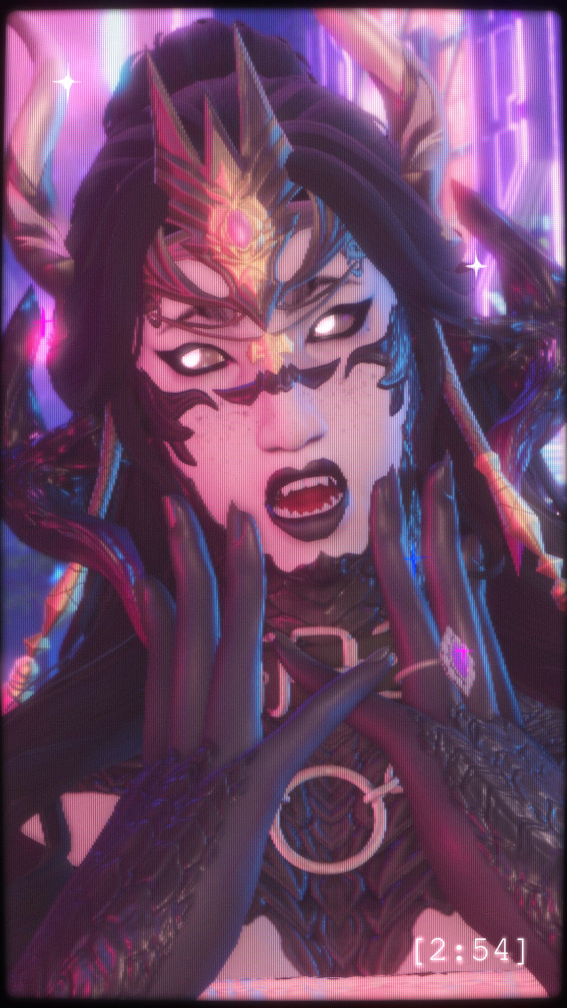 a G Pose of an au ra warrior of light, Sappho Kusakari, with an open mouth and wide eyes, and hands on her face. The image is pink purple and blue with an old CRT TV filter.