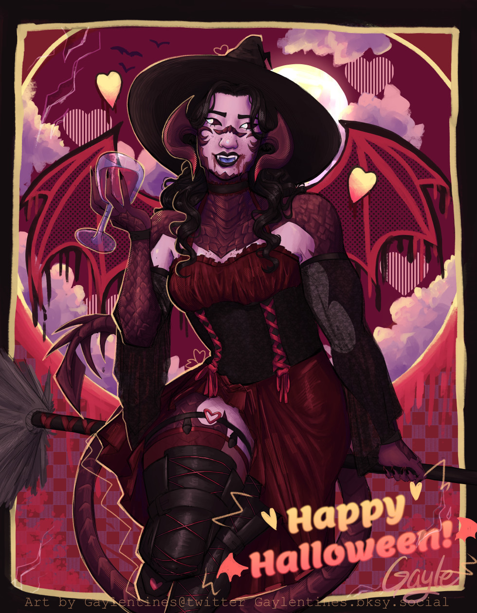 a drawing of an Au Ra Warrior of Light, dressed as a vampire witch, wearing a witch hat, a black corset, a red dress, and thigh high boots. She's sitting on a broomstick and holding a glass of blood. The drawing is primarily red in color. There is a graphic behind the figure of bat wings that makes her look like she has them. There is a yellow and red text in the bottom right hand corner that says 'Happy Halloween!'