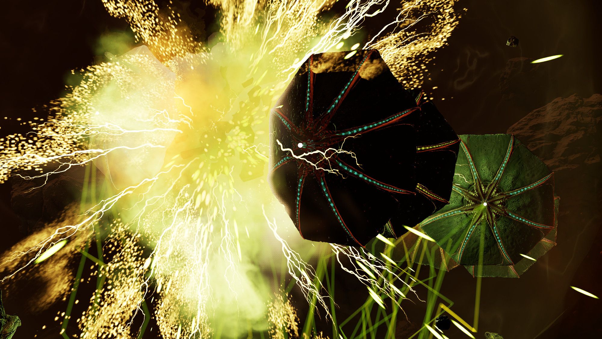 Closeup. A group of Thargoid Scouts. One is exploding in a bright yellow-greenish cloud.