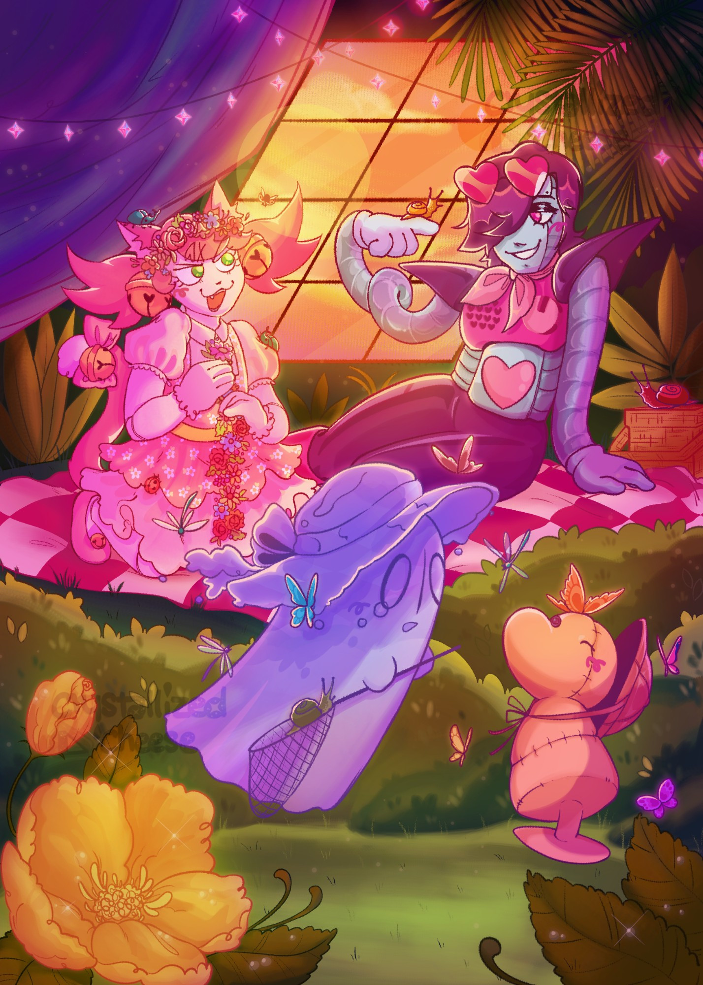 Mad Mew Mew, Mettaton, Napstablook, and Ruins Dummy having a picnic in an indoor garden.