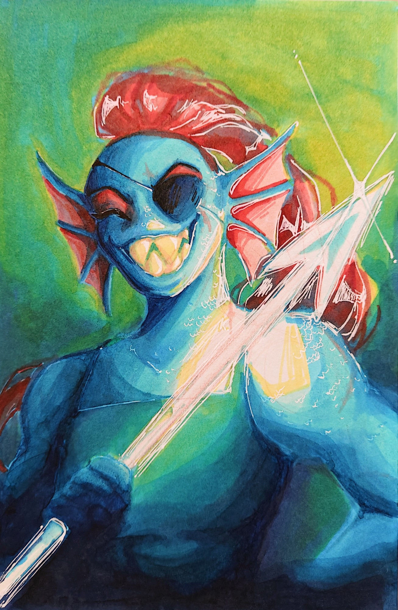 Marker drawing of Undyne with a glowing spear on her shoulder.