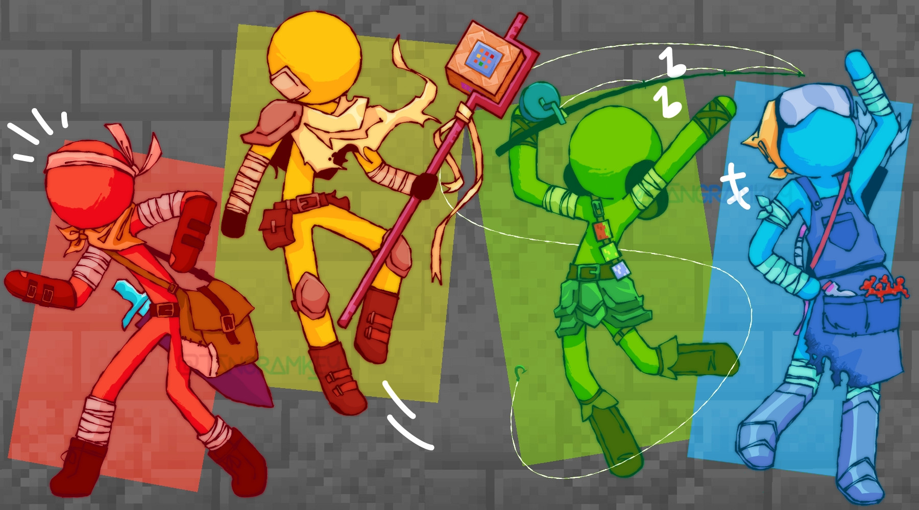 Red, Yellow, Green, and Blue wearing bandages, bandannas, various armor, and accessories. Red has a diamond sword and satchel, Yellow has draped cloth and a staff carrying a command block, Green has a fishing rod and wears headphones, and Blue has a bow and arrow, and wears an apron with a potion bottle and nether wart.