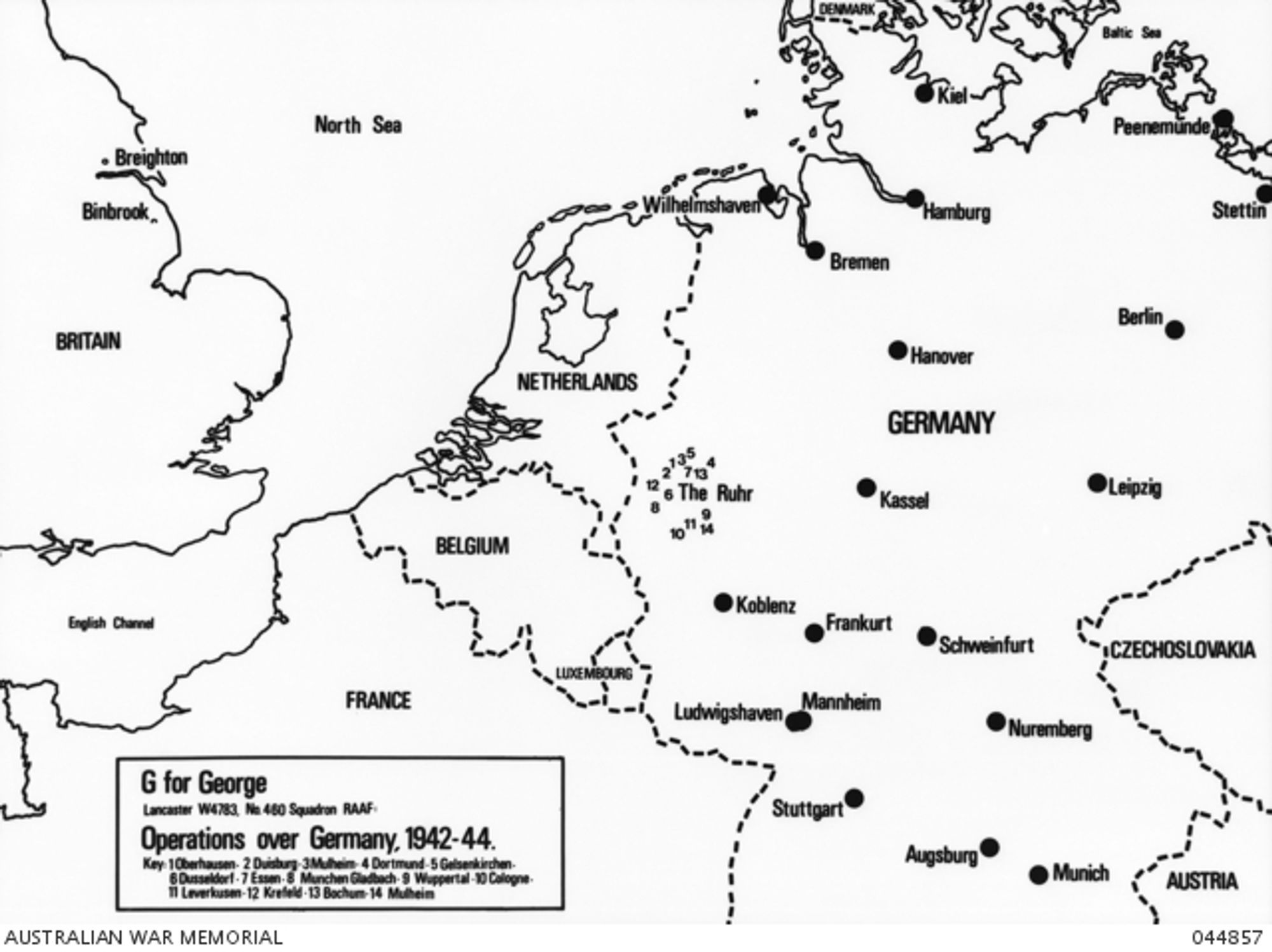 Map of bombing operations flown by G for George over Germany. [Key reads: G for George Lancaster W4783. No. 460 Squadron RAAF. Operations over Germany, 1942-44. Key: 1 Oberhausen, 2 Duisburg, 3 Mulheim, 4 Dortmund, 5 Gelsenkirchen, 6 Dusseldorf, 7 Essen, 8 Munchen Gladbach, 9 Wuppertal, 10 Cologne, 11 Leverkusen, 12 Krefeld, 13 Bochum, 14 Mulheim.]
https://www.awm.gov.au/collection/C303211