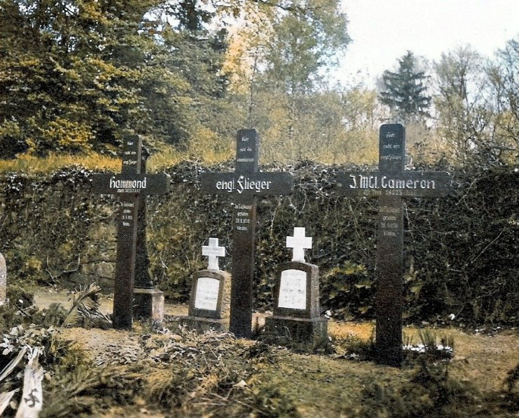 Original graves of Cameron (right) and his two crew members. They were relocated to CWGC graves at the Reichswald Forest War Cemetery after the war.