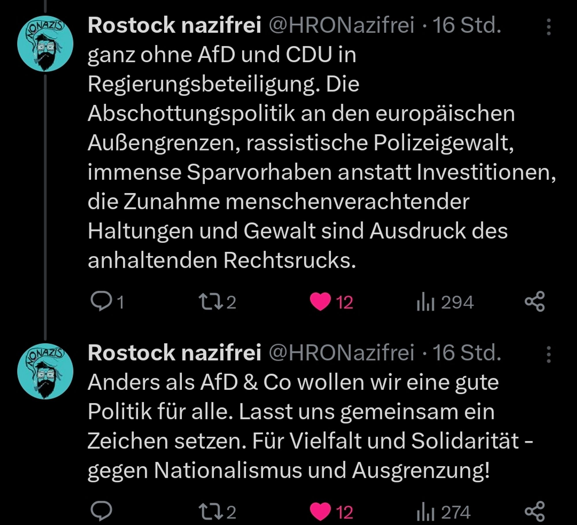 ganz ohne AfD und CDU in Regierungsbeteiligung. Die Abschottungspolitik an den europäischen Außengrenzen, rassistische Polizeigewalt, immense Sparvorhaben anstatt Investitionen, die Zunahme menschenverachtender Haltungen und Gewalt sind Ausdruck des anhaltenden Rechtsrucks.

Anders als AfD & Co wollen wir eine gute Politik für alle. Lasst uns gemeinsam ein Zeichen setzen. Für Vielfalt und Solidarität - gegen Nationalismus und Ausgrenzung!