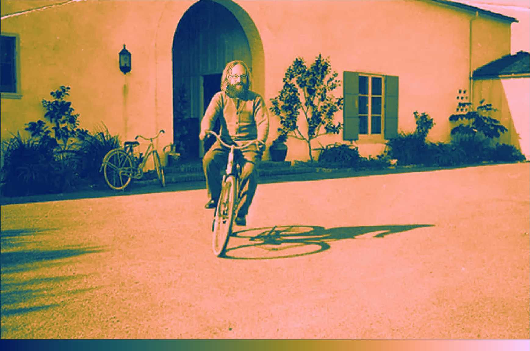 Image of a famous physicist on a bike represented with a visually-accurate Scientific colour scale, batlow.