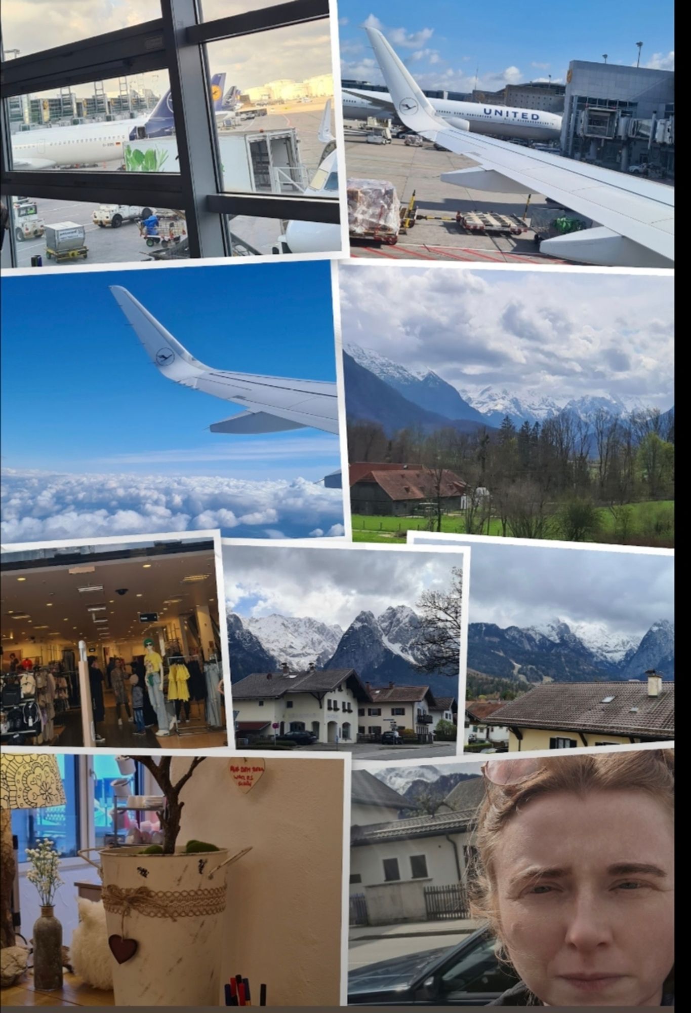 Collage of airport, plane wings and Bavarian snowy mountains.