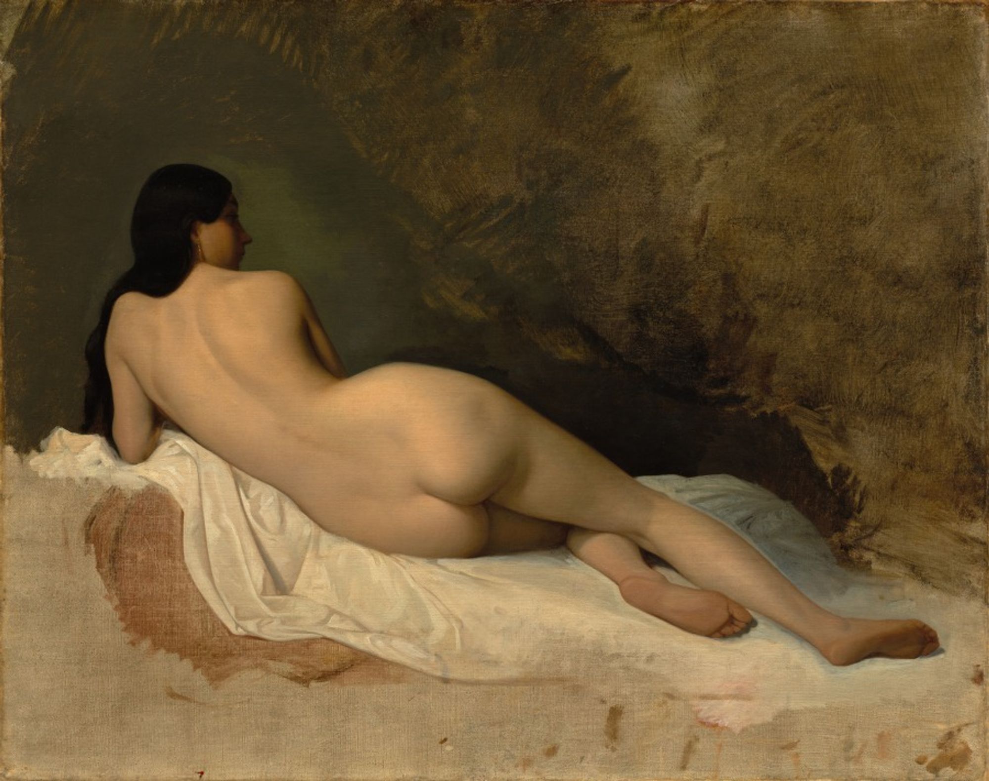 The languorous, sensuous pose of this woman is strongly reminiscent of Jean Auguste Dominique Ingres's popular paintings of odalisques, female slaves, and concubines in Turkish harems. Much of this canvas has been left thinly painted or entirely blank, suggesting that it was a figural study rather than a finished work of art. The French Academy in the 1800s viewed the depiction of the nude as the ultimate measure of an artist's skill. Because models changed poses frequently, students had to work quickly and without embellishment. Here the artist completed only those areas needed to emphasize the contours of the model's body.