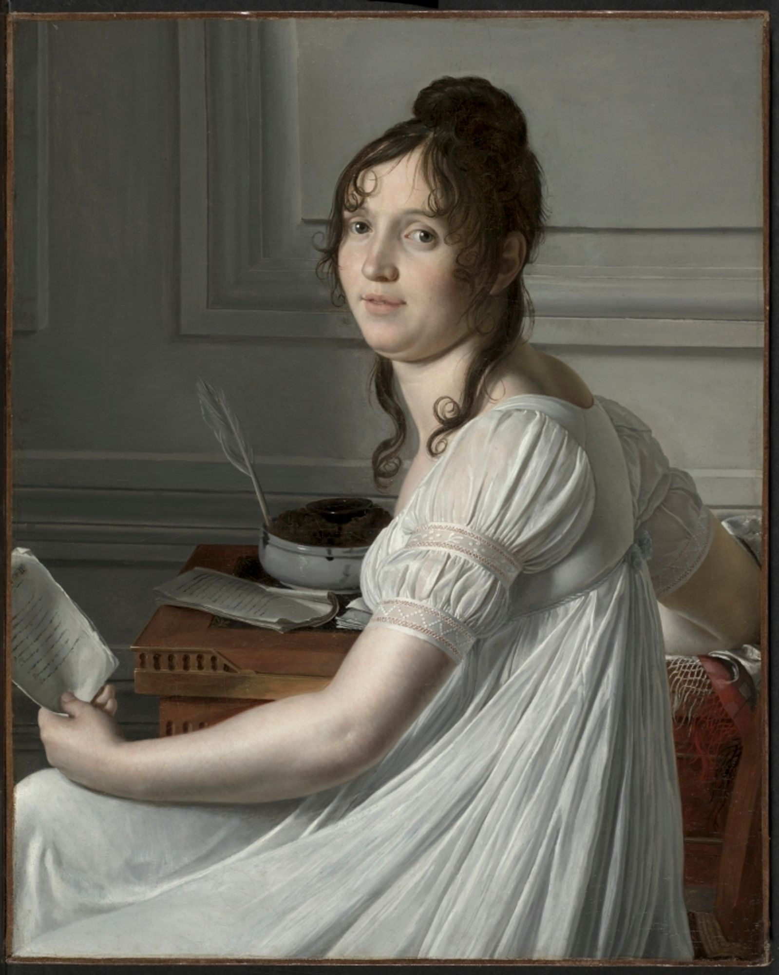 The sitter's dress deliberately evokes ancient Roman costume. However, the white muslin and straightforward cut also derives from earlier English fashions that favored simplicity in contrast to the elaborate, colorful clothing favored earlier in the 1700s. The transparency of her dress also carries political and cultural meaning: during the French Revolution in 1789, costume began to signify political allegiance, a sign of the character of the person who wore it. For women, transparency became increasingly literal, as in the sheer fabric worn by Crouzet, who came from a family of active revolutionaries.