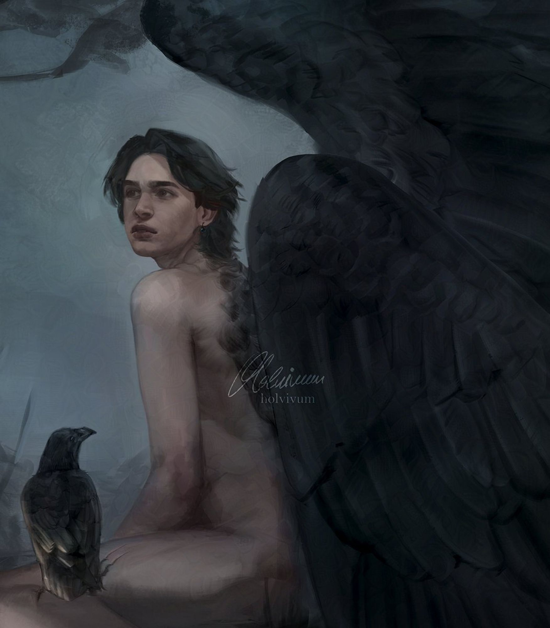 Monty from Dead Boy Detectives sitting in a forest with large black wings coming from his back, and a small crow perched on his leg