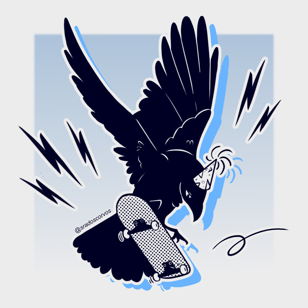 The background of the image is a gradient of white and blue, and in the foreground is a black crow wearing a party hat doing a kickflip on a skateboard.