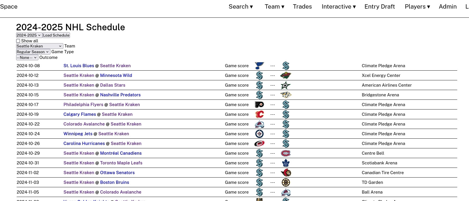 A screenshot of the 2024-2025 NHL schedule on cap-space.com.