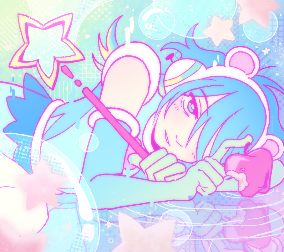 A redraw of a scene from the "GIRL" music video by Teddyloid and Daoko with Virtubear's mascot character.