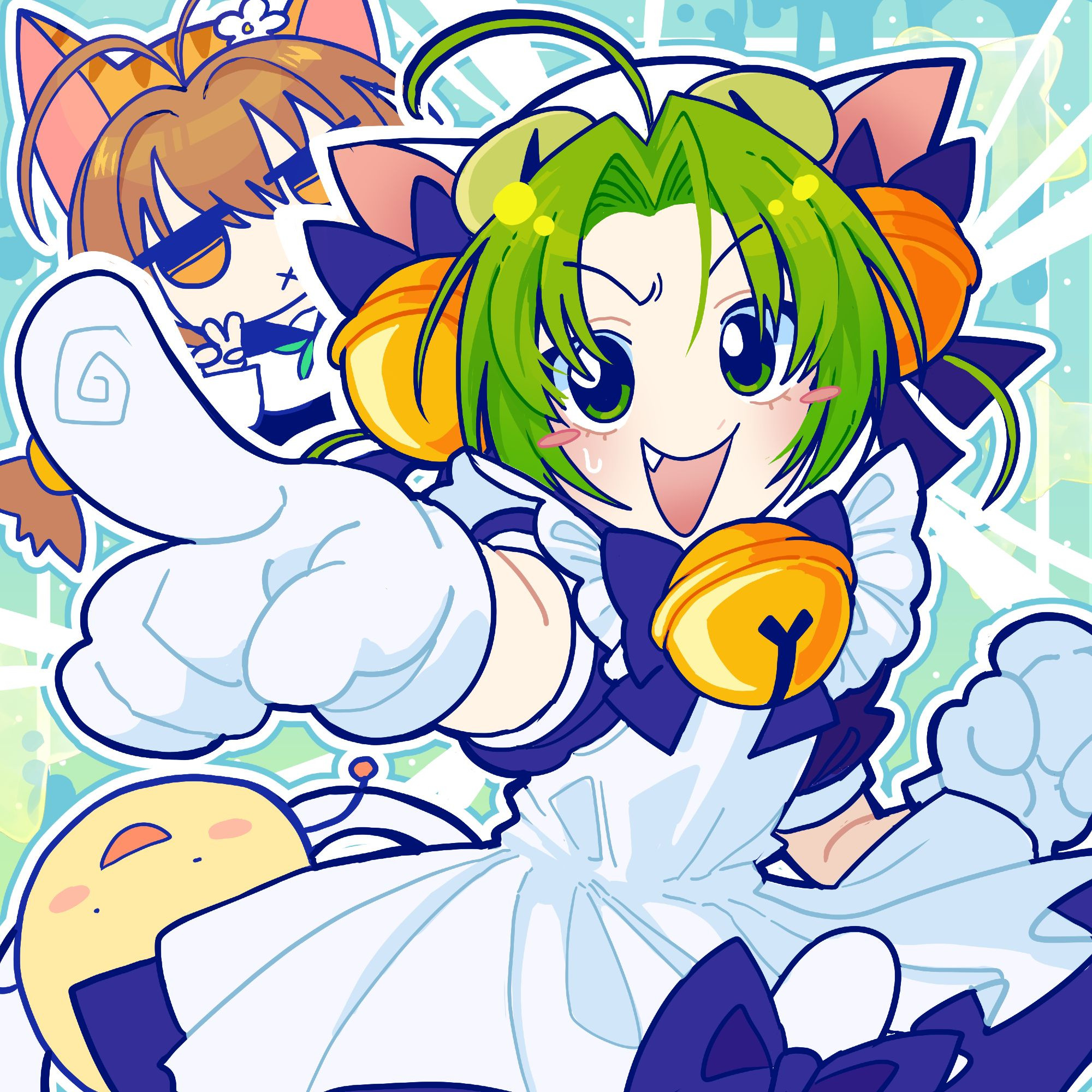 An illustration of Dejiko from Di Gi Charat pointing excitedly at the camera.